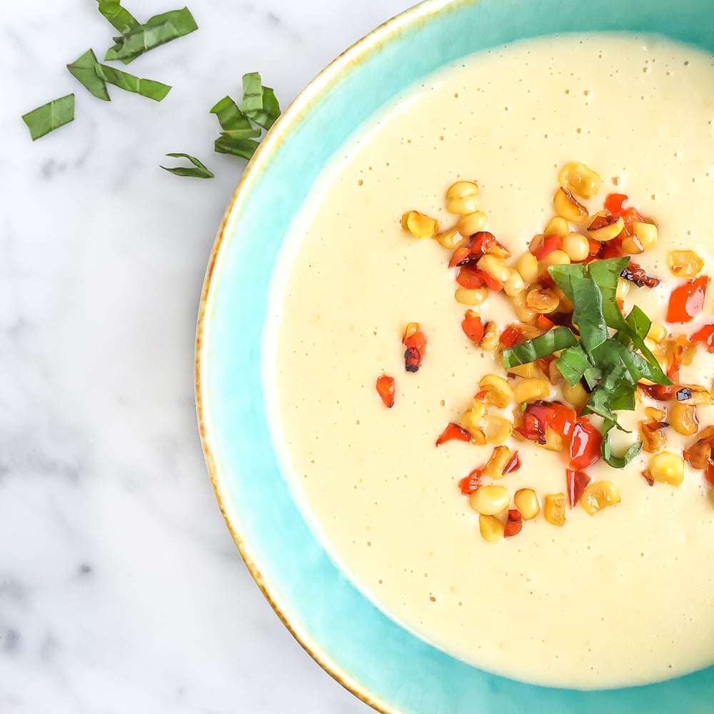 Summer Corn Soup with Roasted Corn and Sweet Peppers