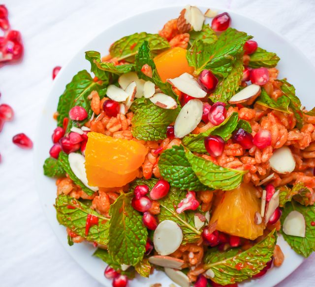 Pomegranate and Mint Moroccan Grain Salad with Harissa Dressing (Gluten Free, Vegan, Refined Sugar Free)