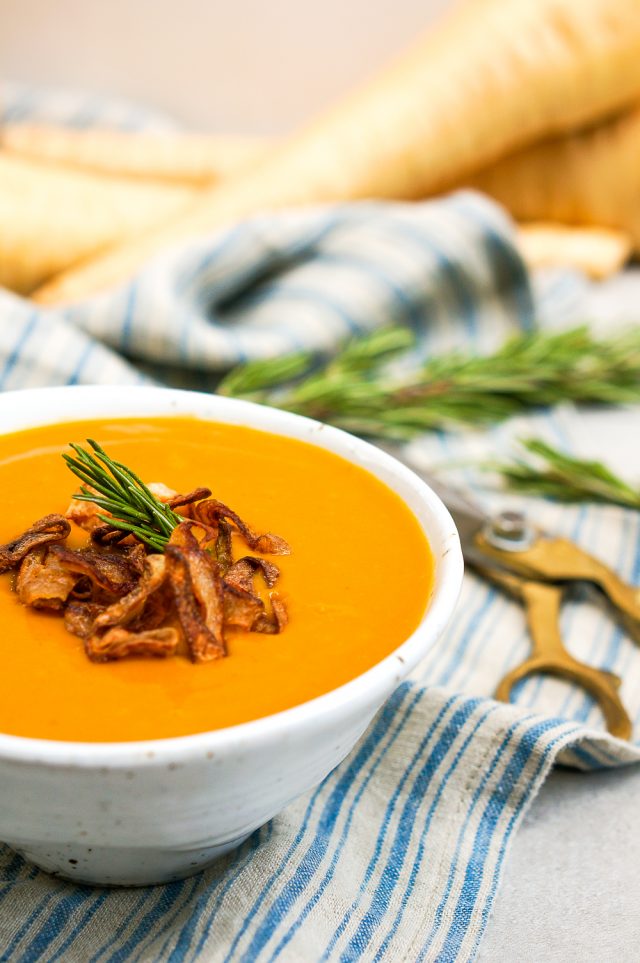 Rosemary-Infused Roasted Winter Vegetable Soup with Crispy Shallot Topping (Gluten Free, Vegan, Paleo)