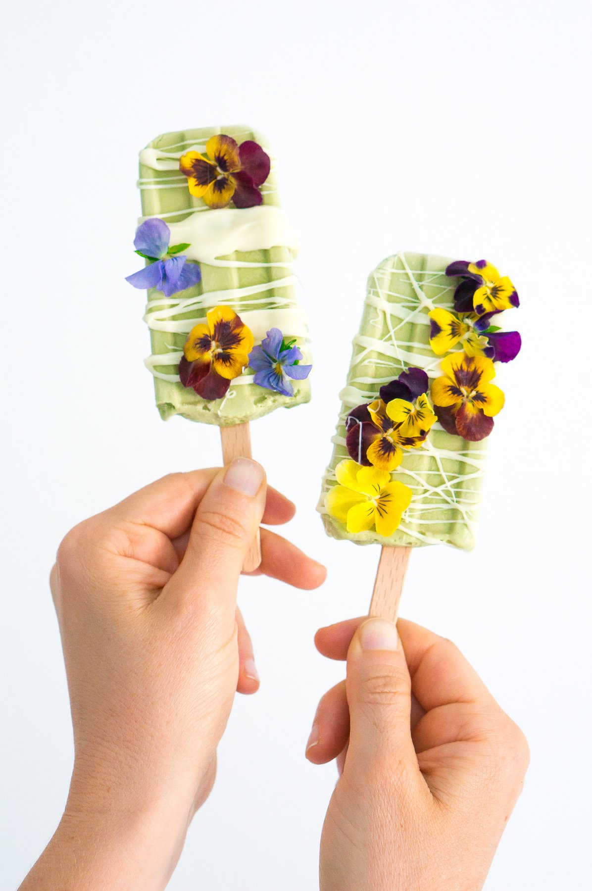 White Chocolate Basil Popsicles with Edible Flowers (Vegan, Gluten Free, Refined Sugar Free)
