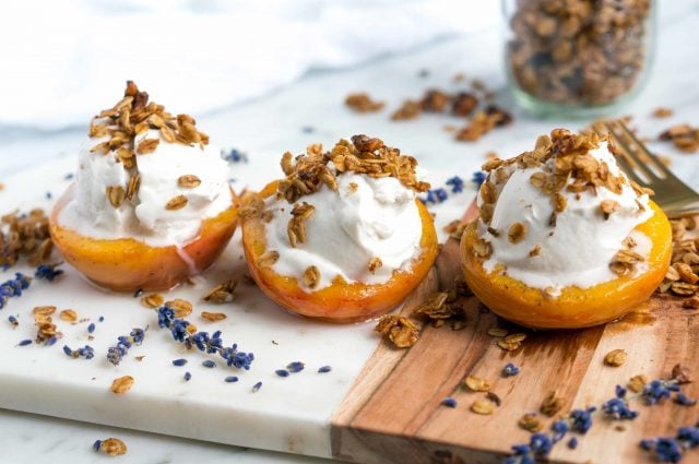 Roasted Peaches with Coconut Yogurt & Cinnamon Lavender Granola (Gluten Free, Vegan, Refined Sugar Free)