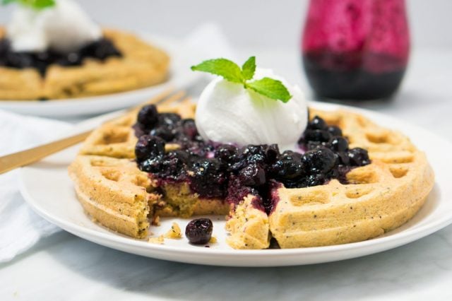 Lemon Poppyseed Waffles with Quick and Easy Blueberry Compote (Gluten Free, Dairy Free, Refined Sugar Free)