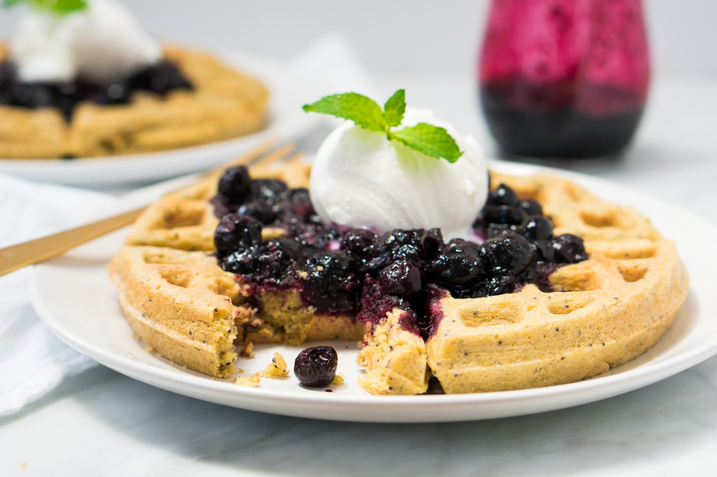 Lemon Poppyseed Waffles with Quick and Easy Blueberry Compote (Gluten Free, Dairy Free, Refined Sugar Free)