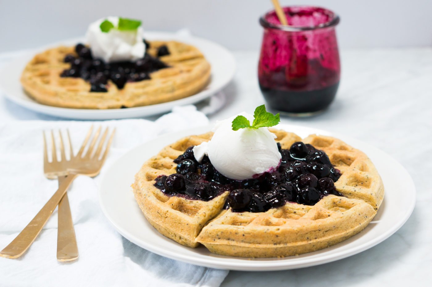 Lemon Poppyseed Waffles with Quick Easy Bluberry Compote