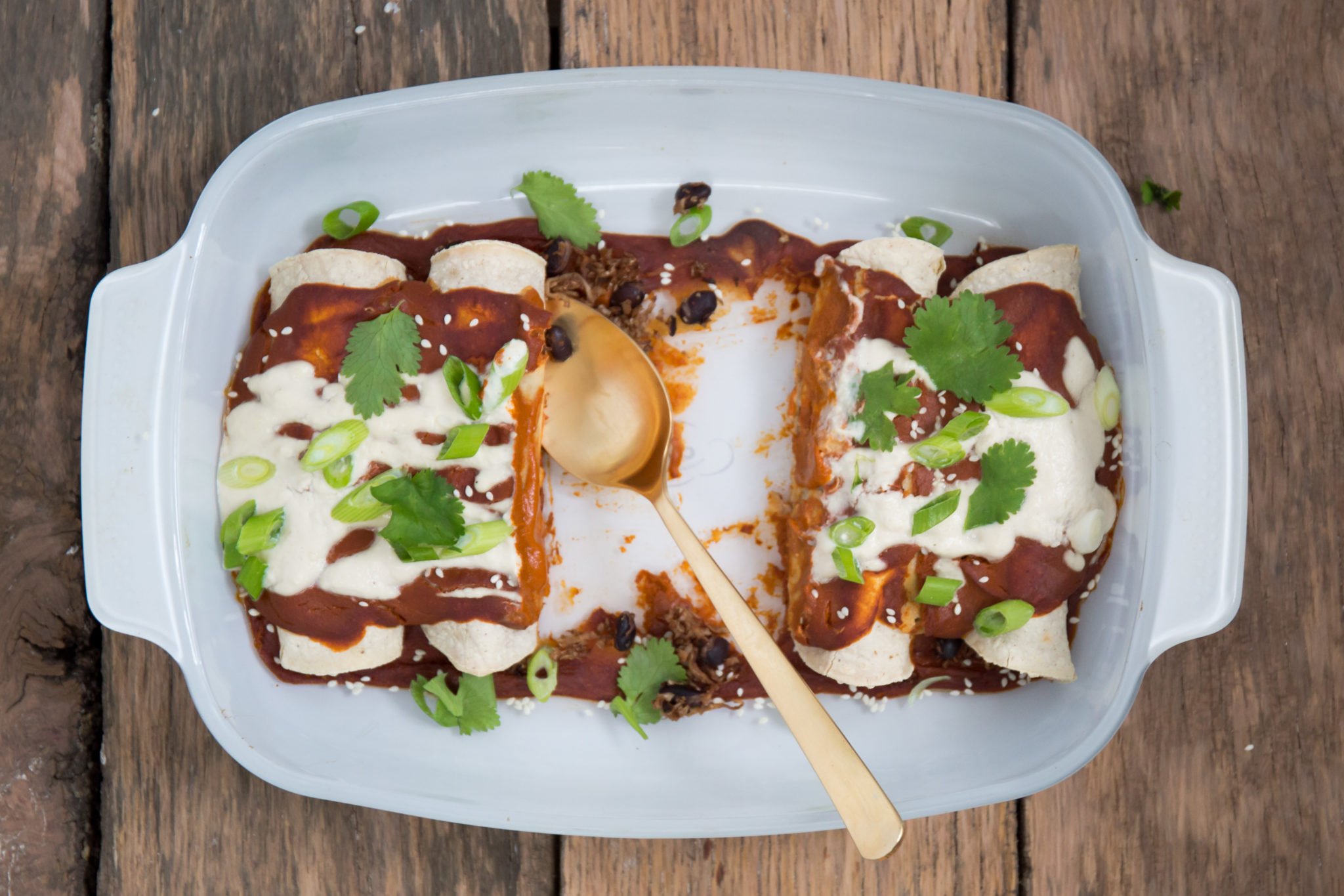 Quick & Easy Mole Cauliflower Enchiladas with Roasted Garlic Cashew Cream (Vegan, Gluten Free)
