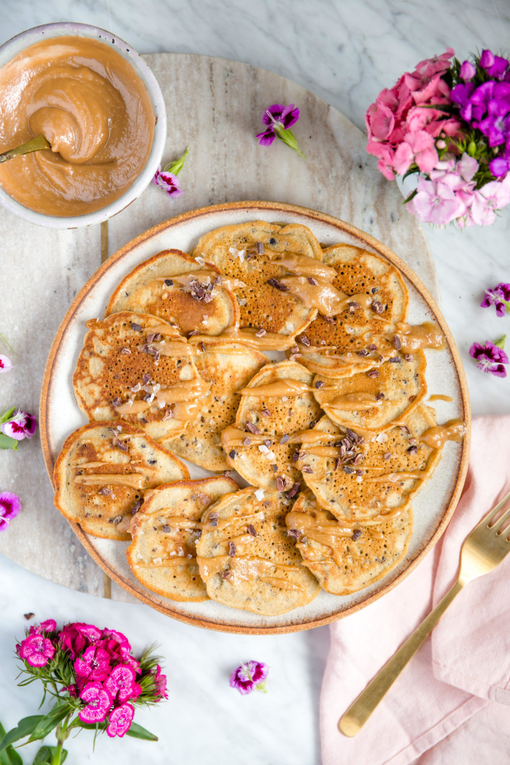 Healthy Salted Chocolate Chip Cookie Dough Pancakes with 2-Ingredient Caramel Syrup (Grain Free, Refined Sugar Free, Dairy-Free)