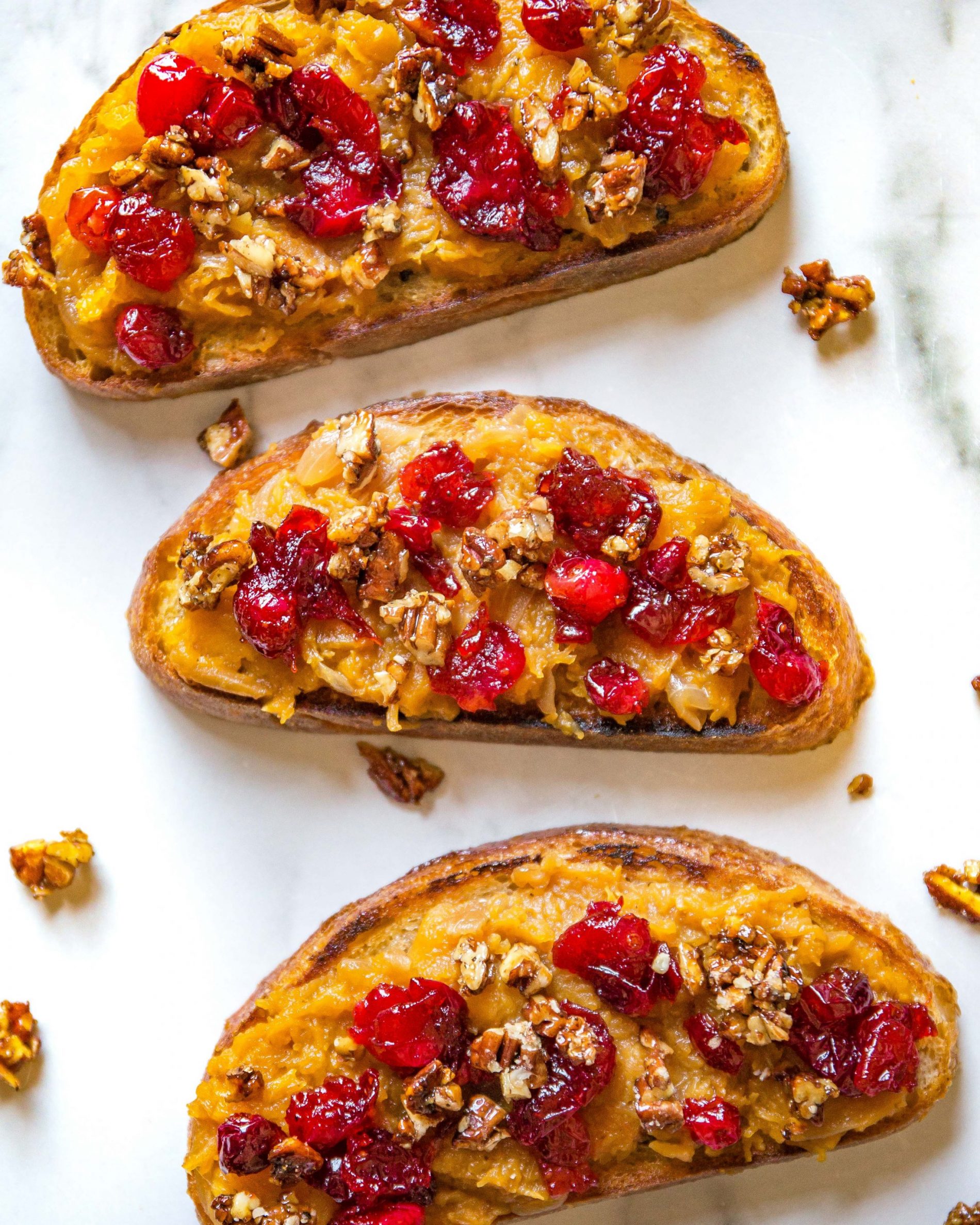 Caramelized Onion, Butternut Squash, Cranberry & Crunchy Pecan Bruschetta