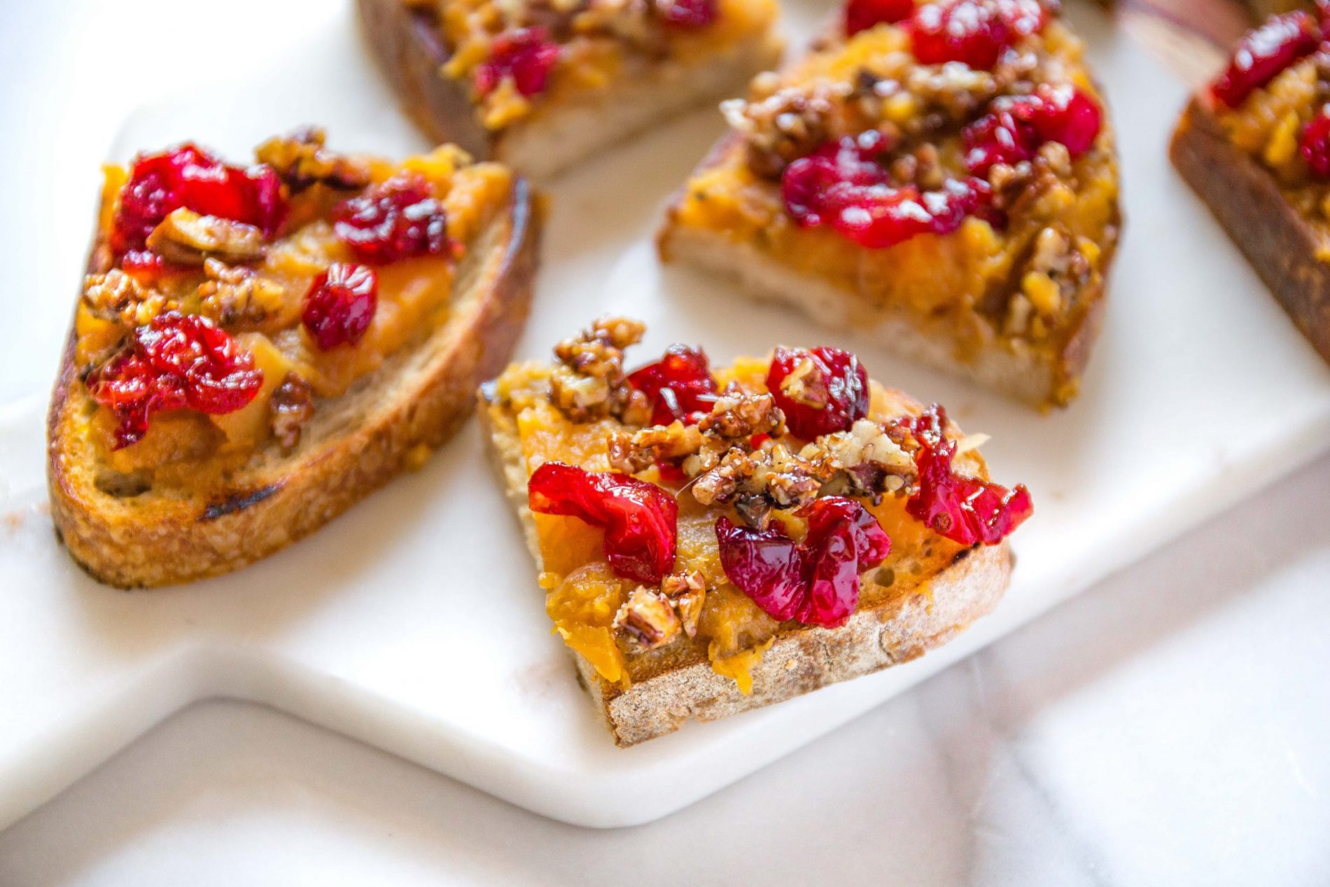 Caramelized Onion, Butternut Squash, Cranberry & Crunchy Pecan Bruschetta