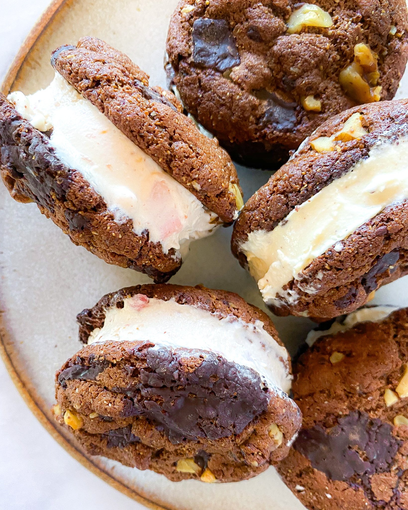healthy double chocolate chunk cookie ice cream sandwiches