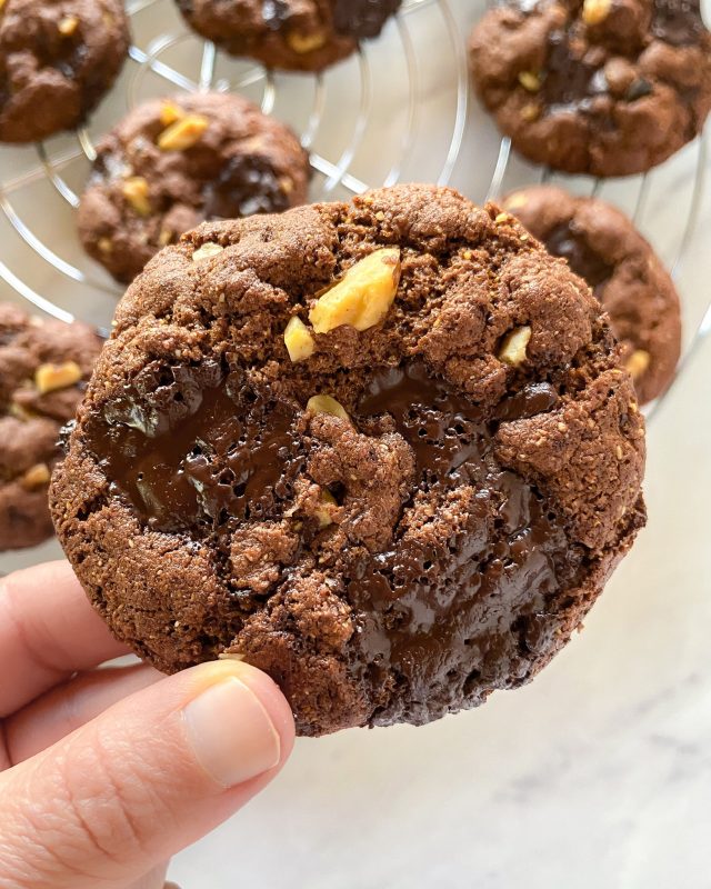 close up of healthy double chocolate chunk cookie