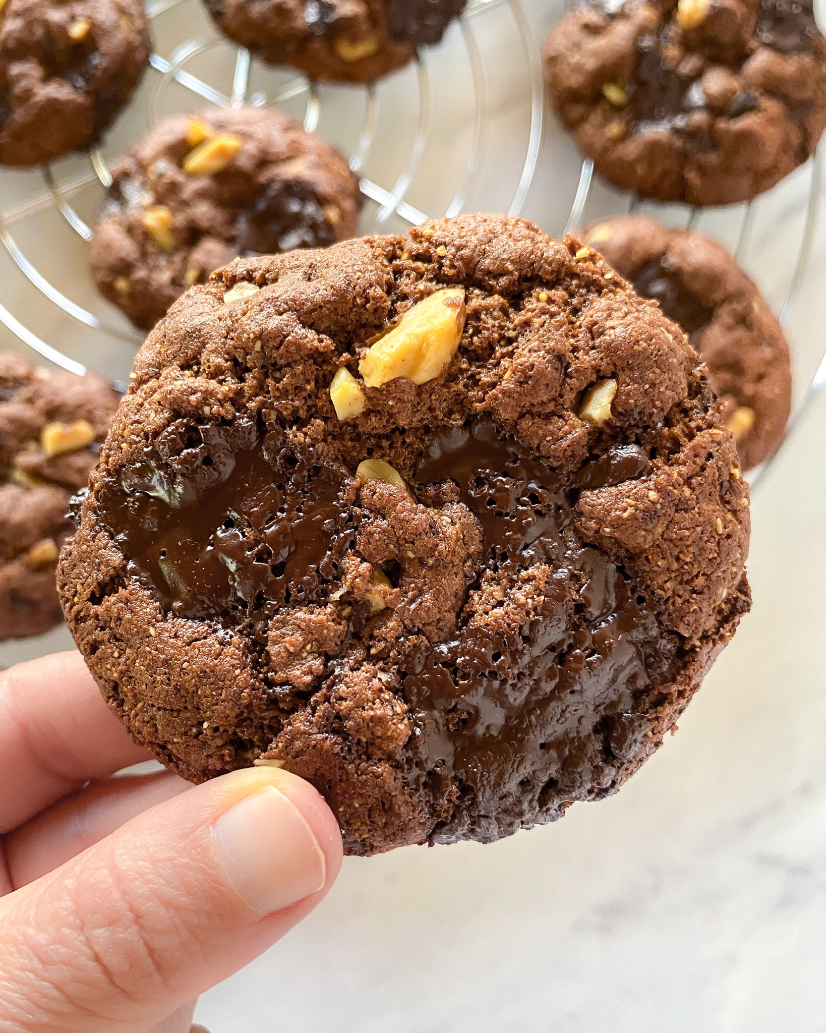 close up of healthy double chocolate chunk cookies