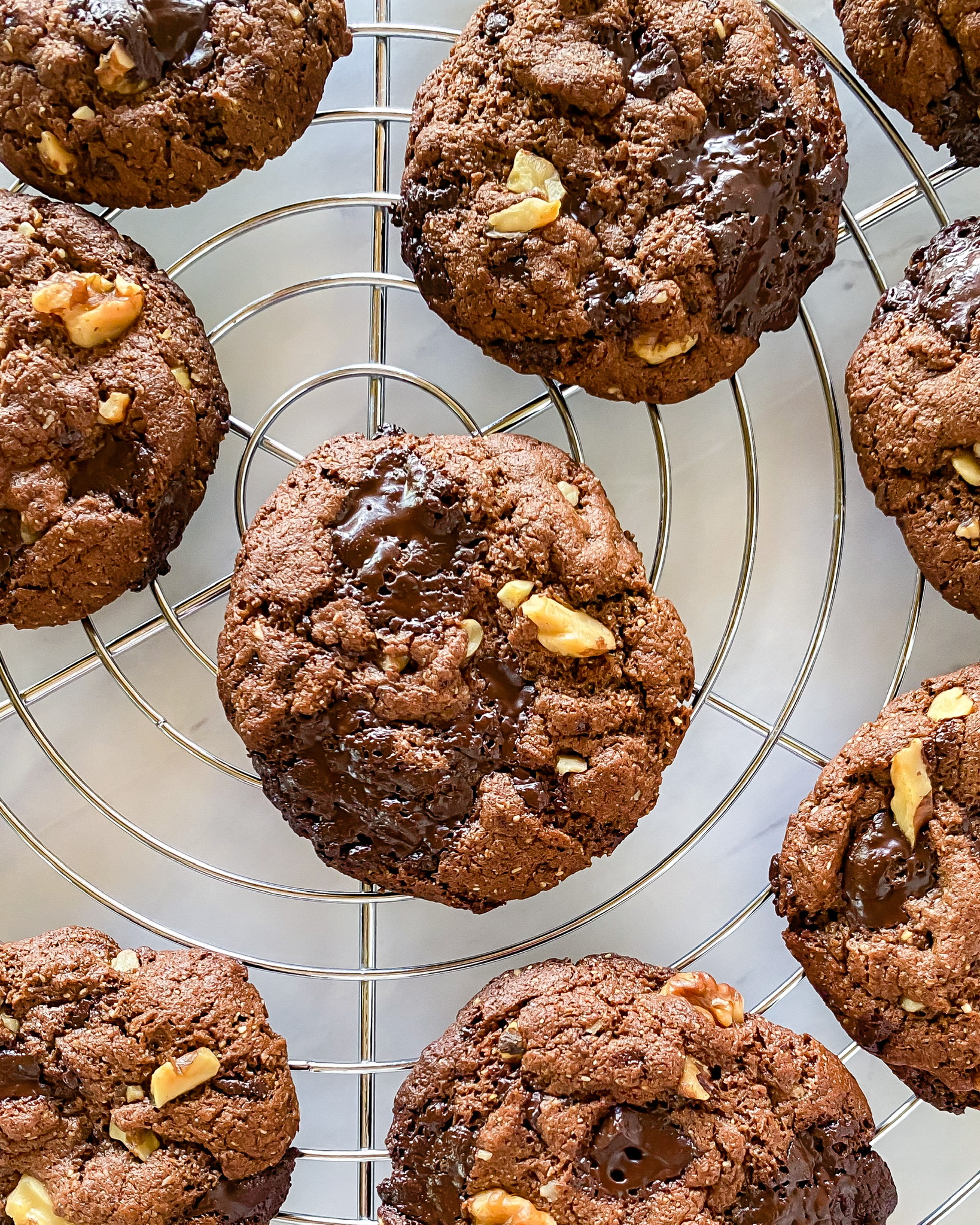 healthy double chocolate chunk cookies on baking pan