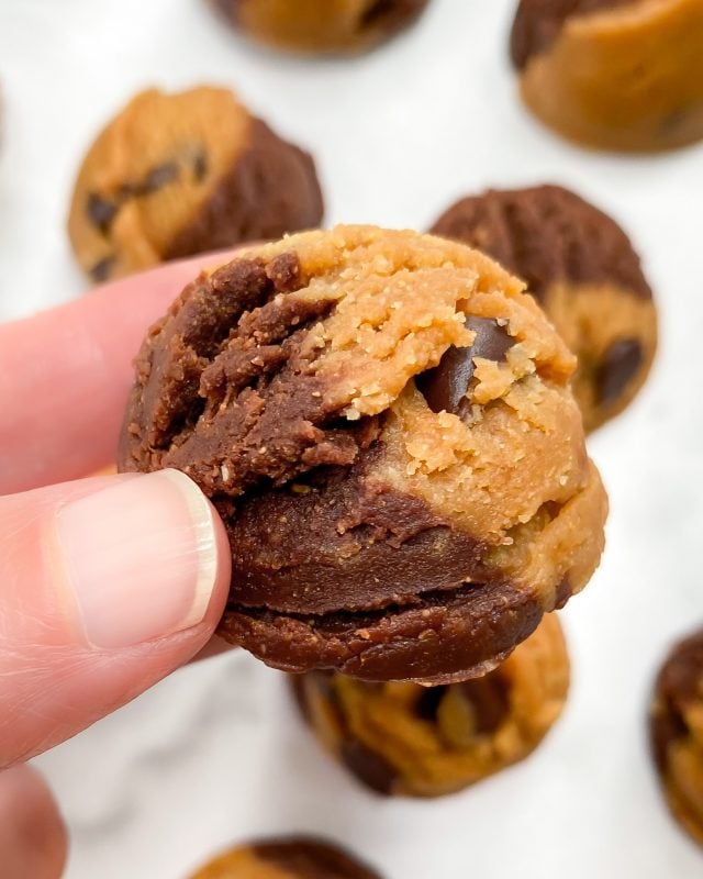 close up of healthy grain-free and vegan brookie (brownie and cookie) dough bite