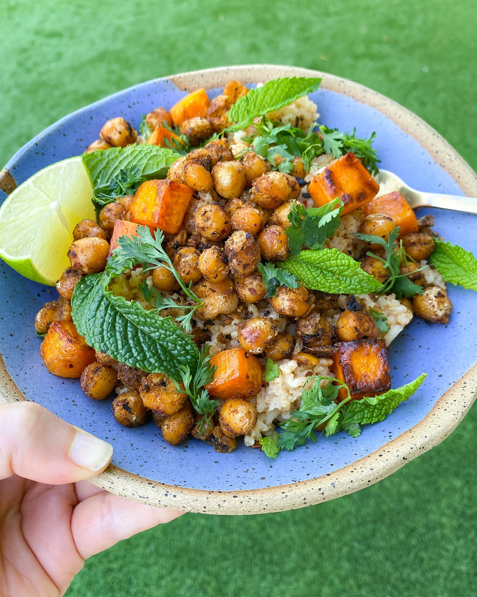 plated super herby harissa-spiced crispy chickpea rice