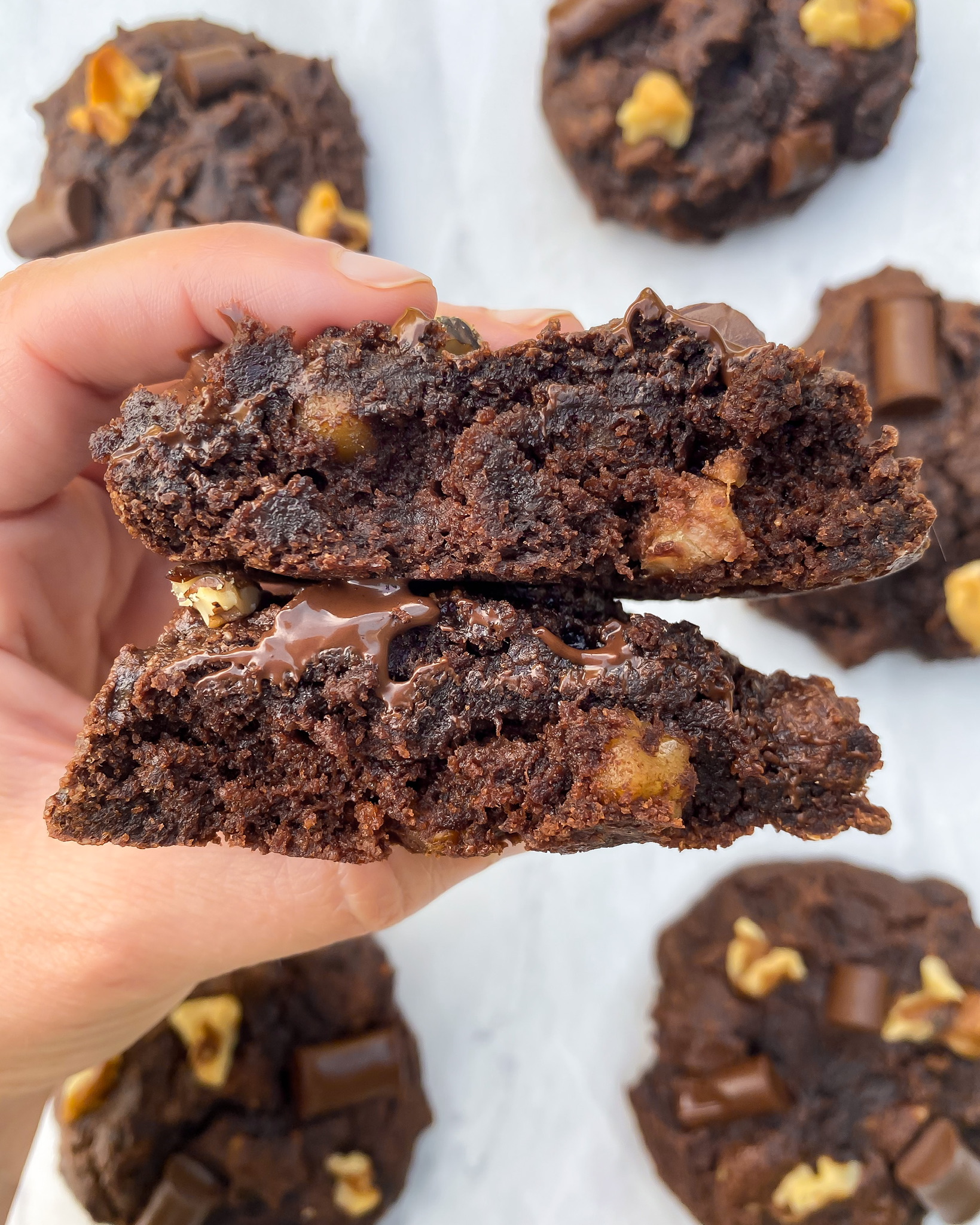 close up of a healthy double chocolate chunk muffin top