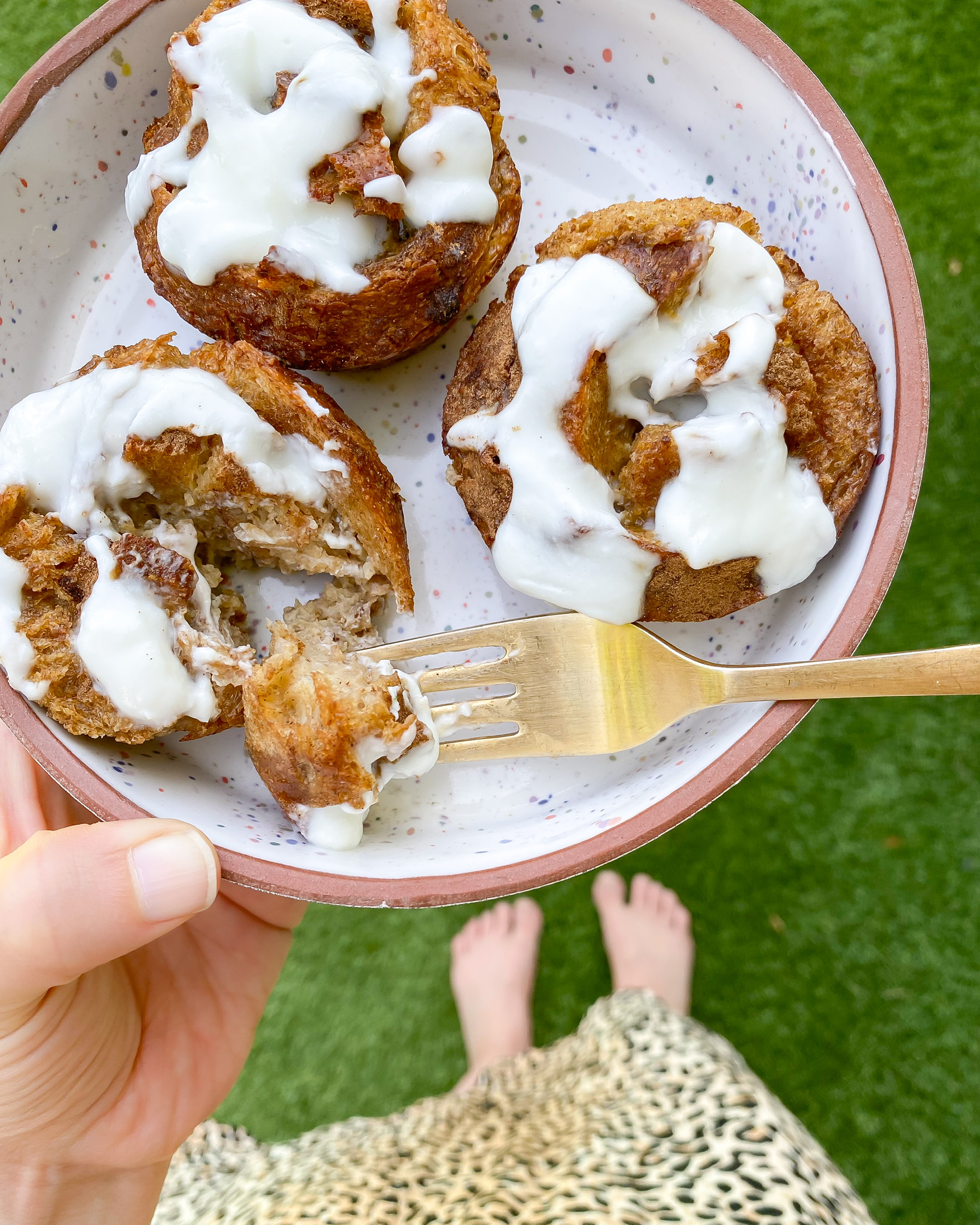 up-close shot of healthy french toast cinnamon rolls