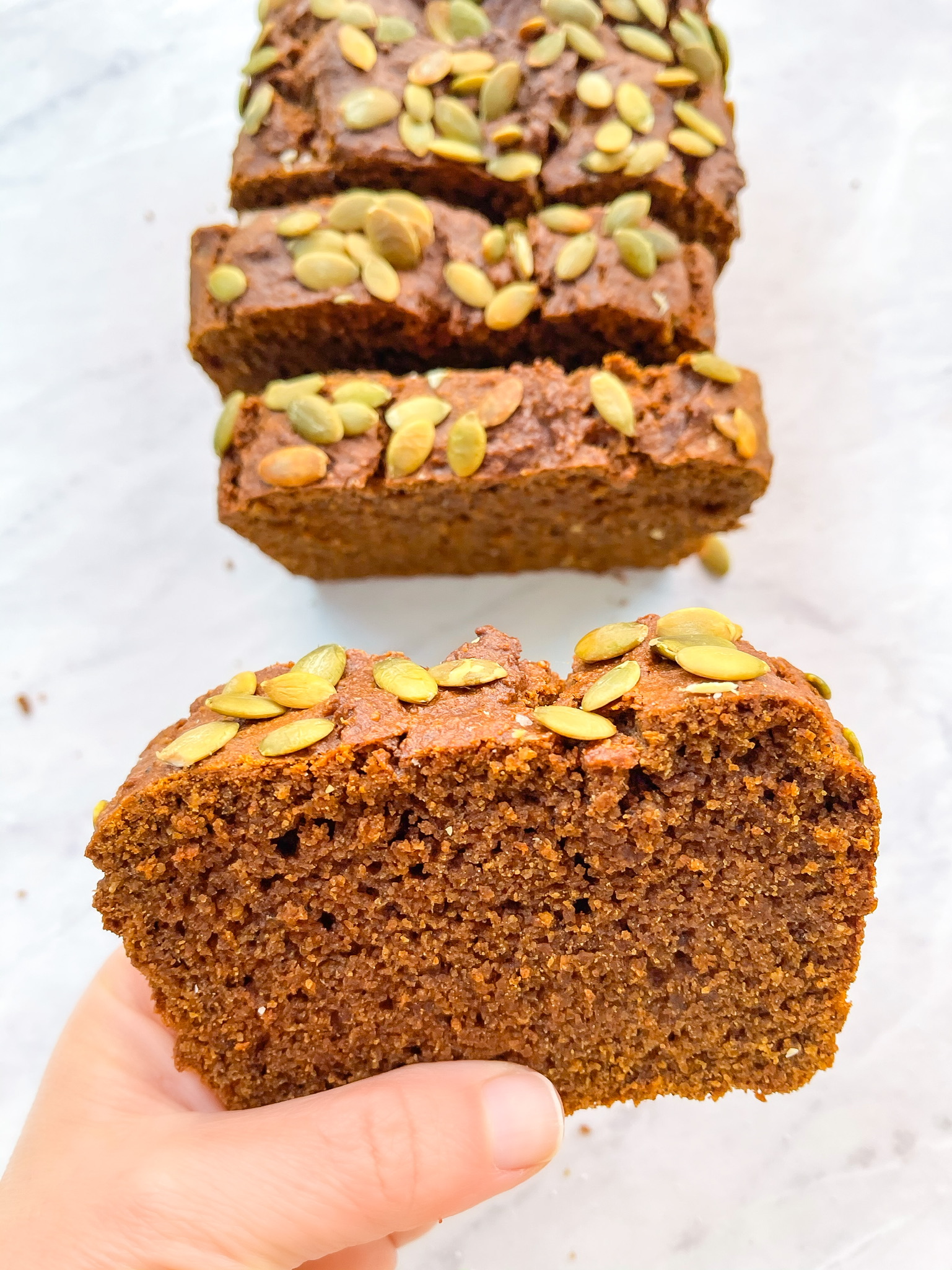 healthy starbucks pumpkin loaf slice up close