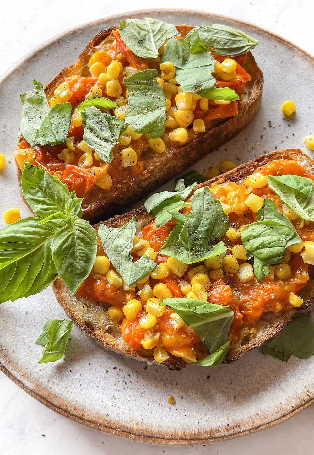 5-Minute Jammy Tomato and Corn Bruschetta (Dairy-Free, Refined Sugar-Free, Vegan)