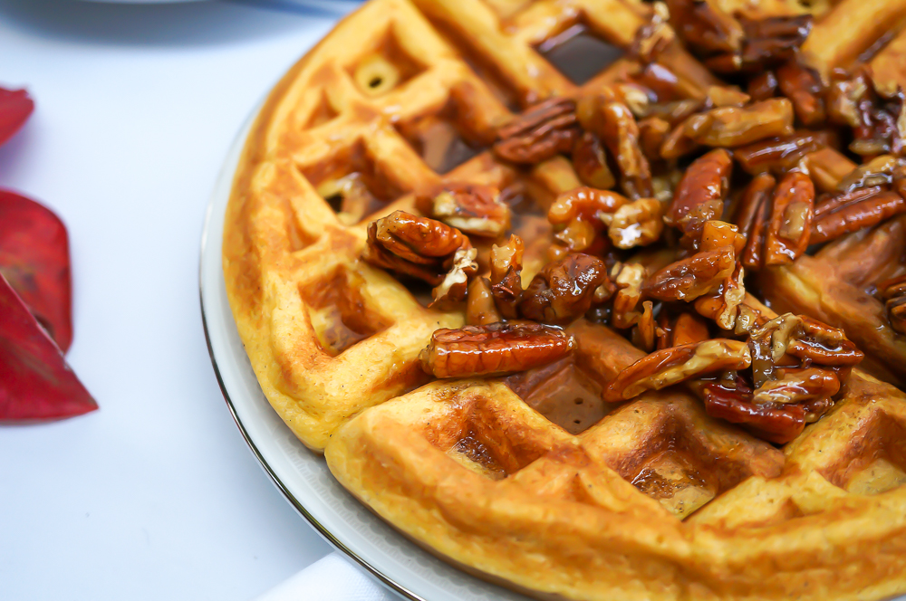 Cardamom Pumpkin Waffles with Chai Spiced Maple Pecans (Gluten Free, Paleo, Refined Sugar Free)