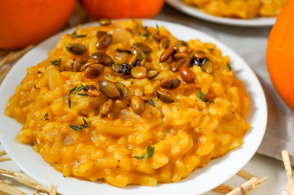 Creamy Pumpkin Risotto with Sweet and Spicy Roasted Pepitas (Vegan, Gluten Free)