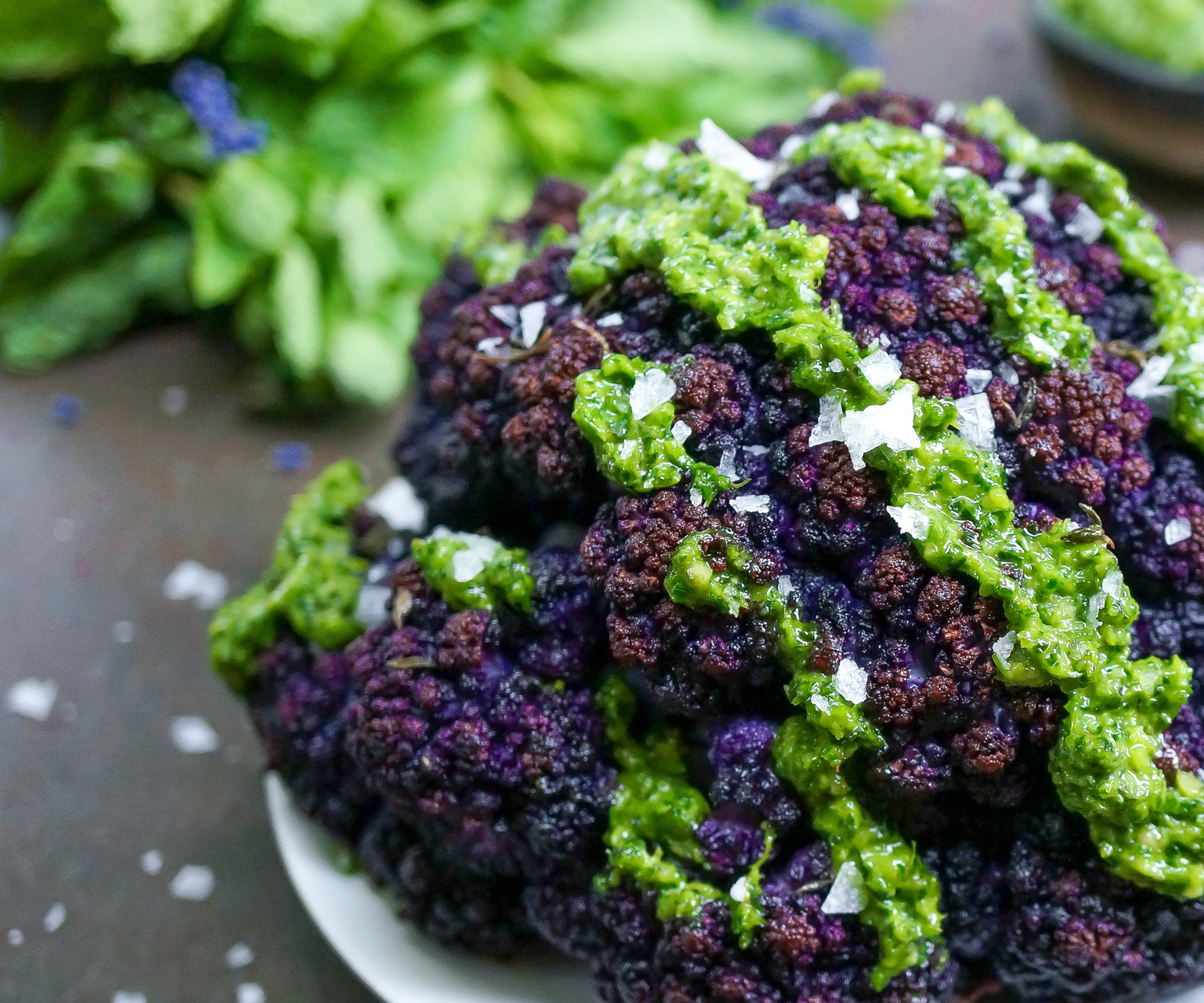 Whole Roasted Cauliflower with Mint Parsley Pepita Sauce (Gluten Free, Paleo, Vegan)